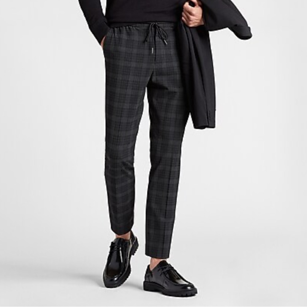 Extra Slim Black Plaid Luxe Comfort Soft Drawstring Dress Pant